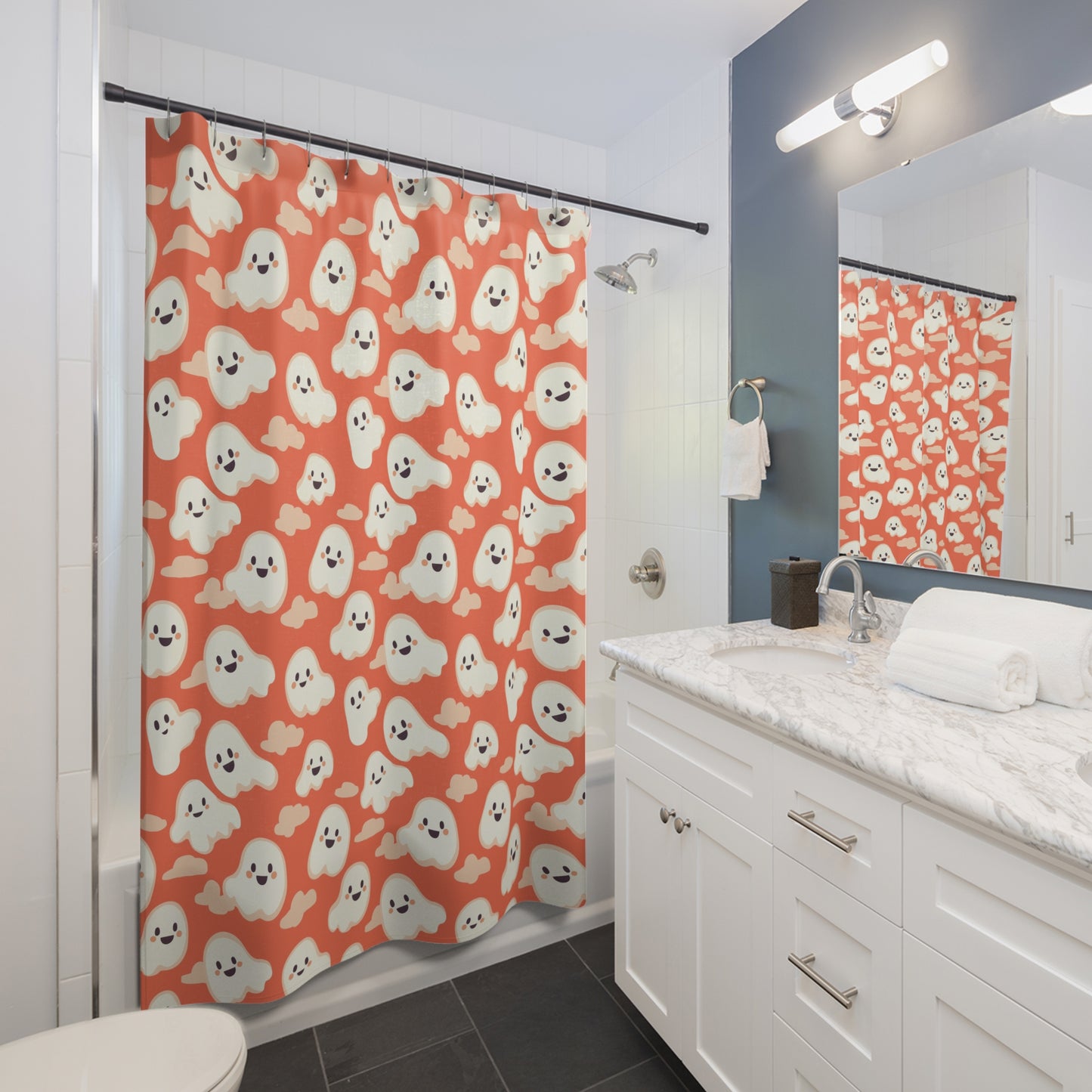 Playful Orange Ghosts Shower Curtains