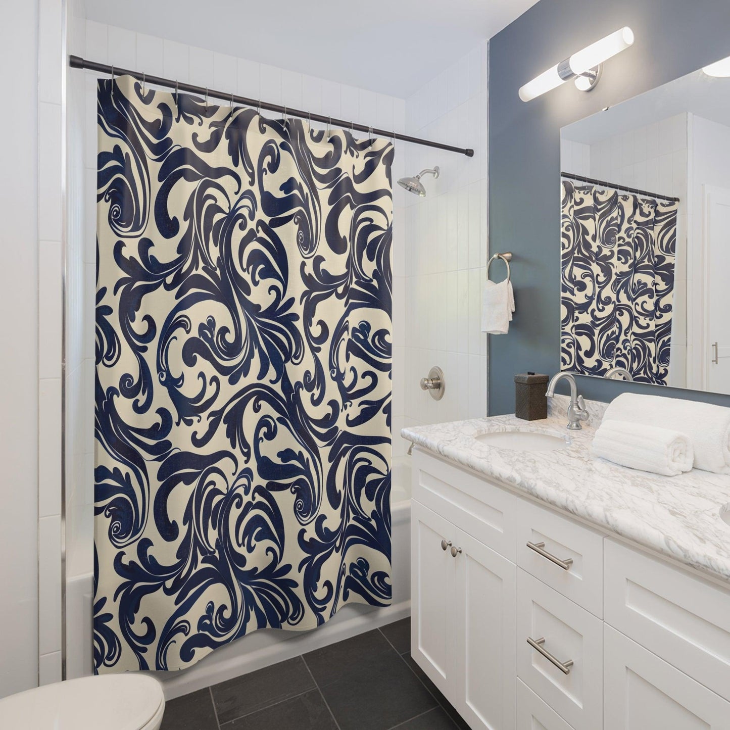 Navy Swirls Shower Curtain